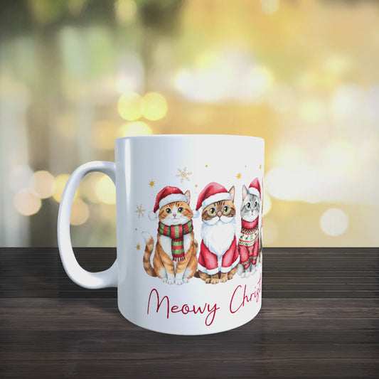 Cană ceramică personalizată „Meowy Christmas” – Pisici de Crăciun – 330 ml