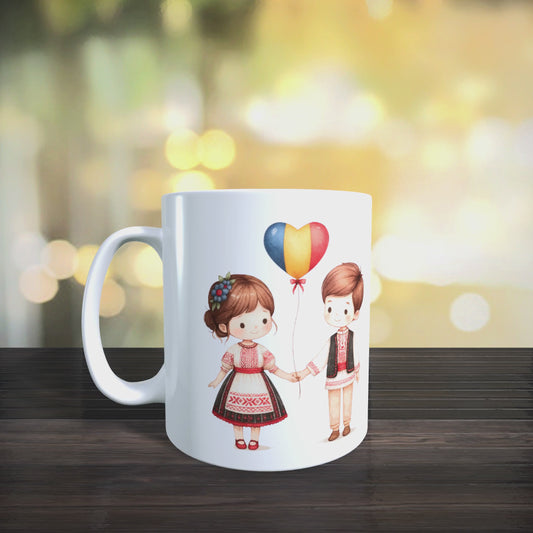 Cană personalizată „România în suflet” – design tradițional cu harta țării și personaje în port popular