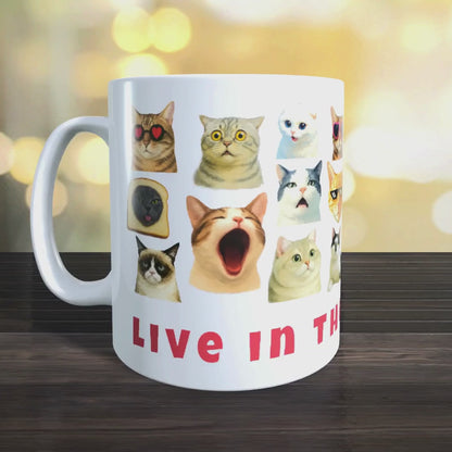 Cană Pisici Meme „Live in the Mew-ment” – Grumpy Cat, Banana Cat, HUH?, 330 ml