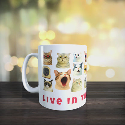 Cana Personalizata cu Pisici Meme „Live in the Mew-ment” – Pisici Funny, Banana Cat, Grumpy Cat, 330ml, alba
