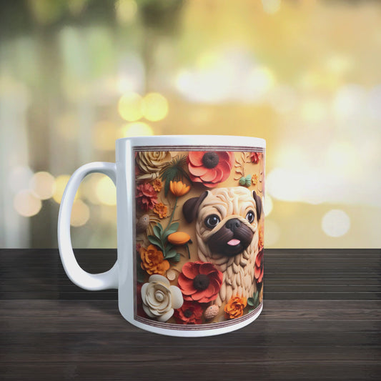 Cană ceramică personalizată „Pug printre flori în tablou” – 330 ml, albă