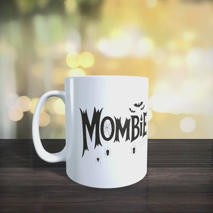 Cană ceramică personalizată „Mombie, ca o mamă normală înainte de cafea” – 330 ml, albă