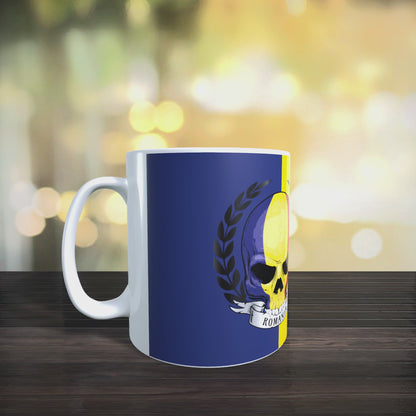 Cană personalizată „Spiritul României” – design tricolor puternic, 330 ml, albă