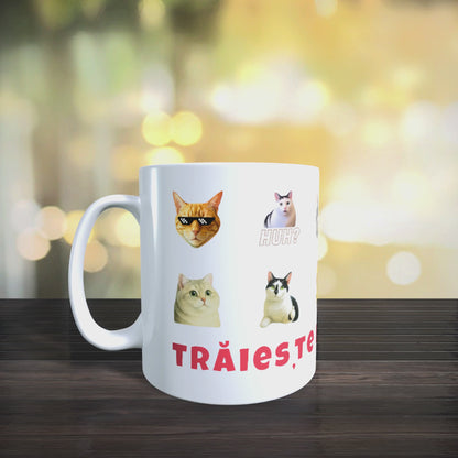 Cana Personalizata cu Pisici Meme „Trăiește pisi-momentul” – Pisici Funny, Banana Cat, Grumpy Cat, 330ml, alba