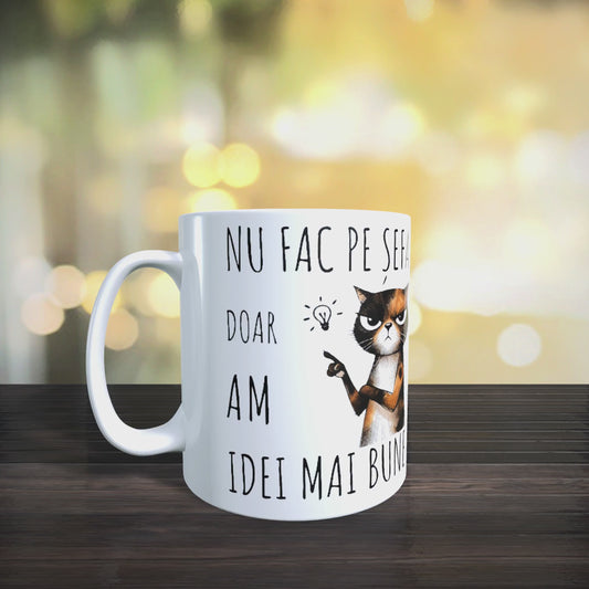 Cană ceramică personalizată „Nu fac pe șefa, doar am idei mai bune” – 330 ml, albă