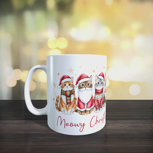 Cană personalizată cu inițială de Crăciun ”Meowy Christmas” – modele A-Z