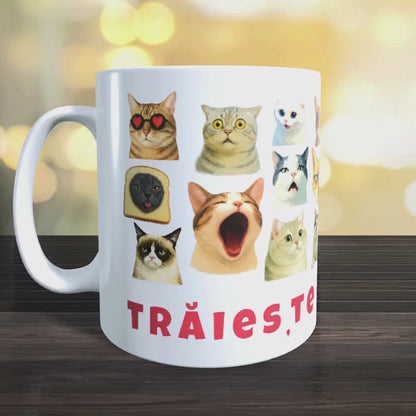 Cană Pisici Meme „Trăiește miau-mentul” – Grumpy Cat, Banana Cat, Funny Cats, 330 ml